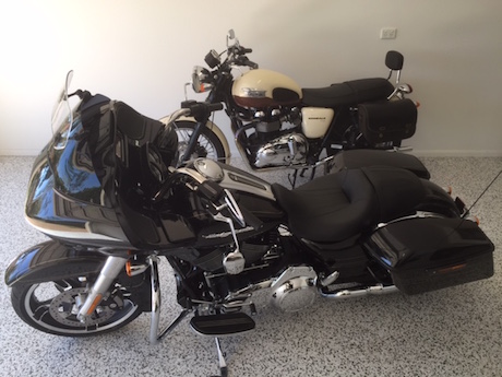 The Harley Road Glide and Triumph Bonneville we are riding to the Bathurst 1000