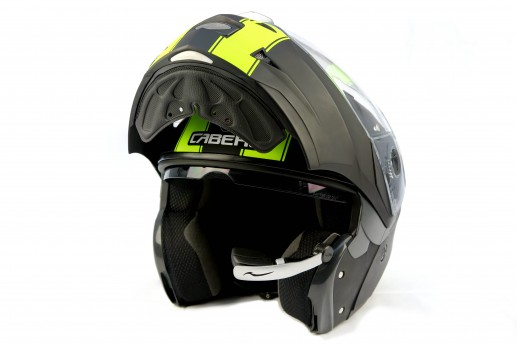 BikeHUD Adventure Gen2 head-up display in a Caberg flip-up helmet