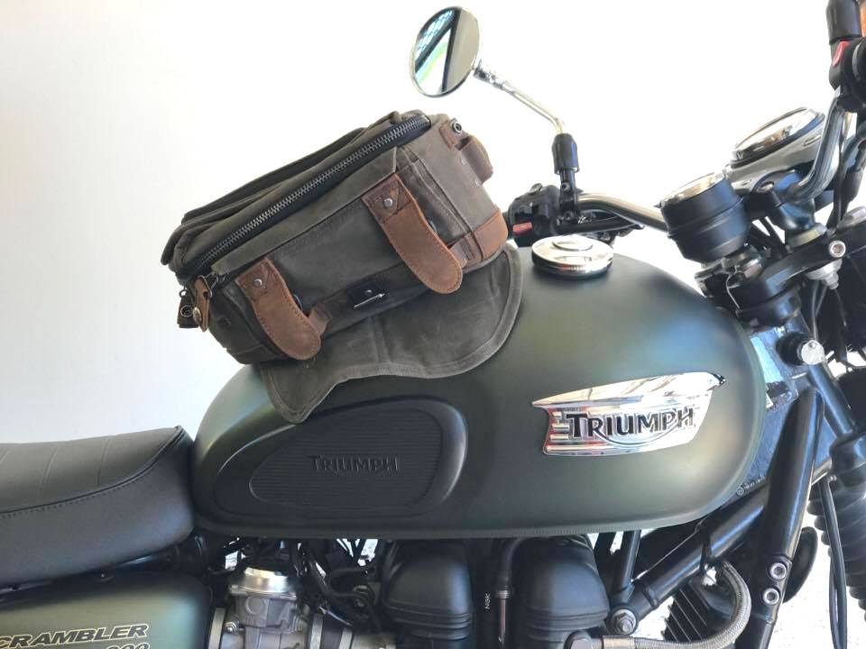 Burly Brand magnetic tank bag in waxed cotton and leather