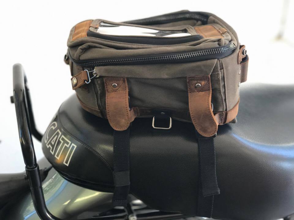 Burly Brand magnetic tank bag in waxed cotton and leather