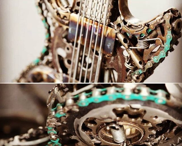 Artist Paul Tinson uses motorcycle parts for guitar sculptures