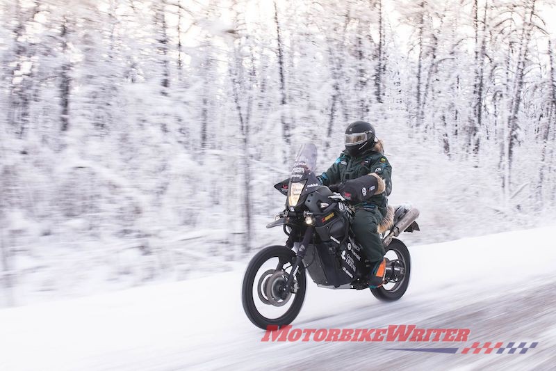 Lithuanian motorcycle adventurer Karolis Mieliauskas competes an epic ride to the coldest place on earth on a Yamaha Tenere
