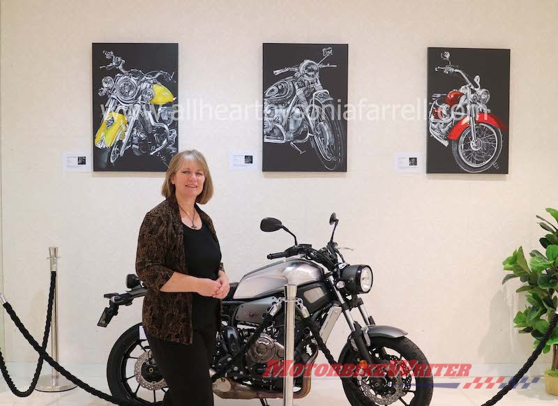 Sonia Farrell with her motorcycle art