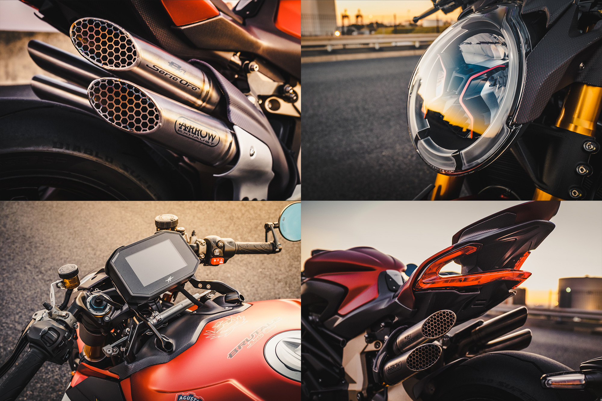 collage of MV Agusta Brutale motorcycle photos on an industrial road at sunset