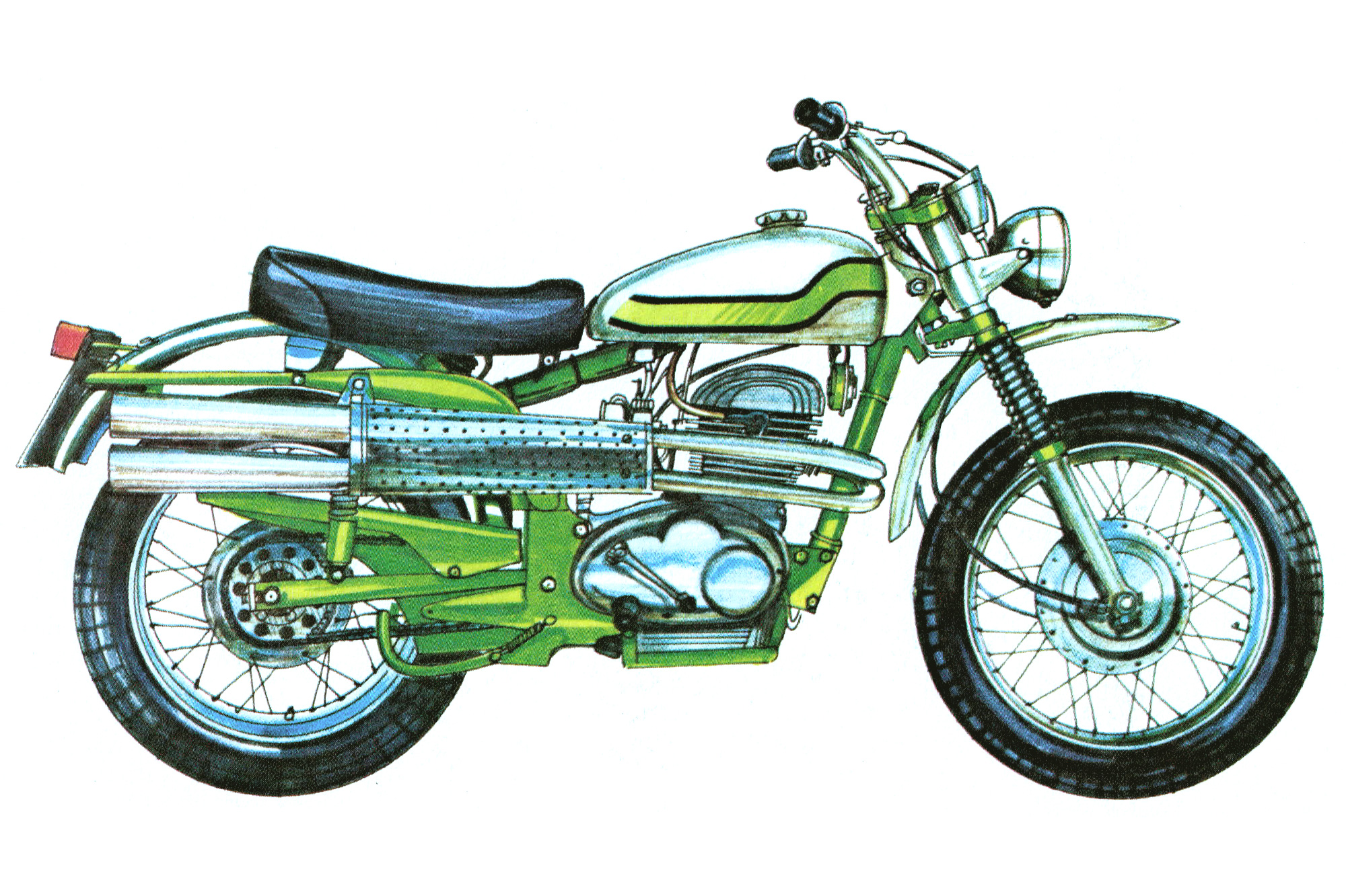 Illustration of a 1970s Aussie enduro motorcycle with scrambler pipes