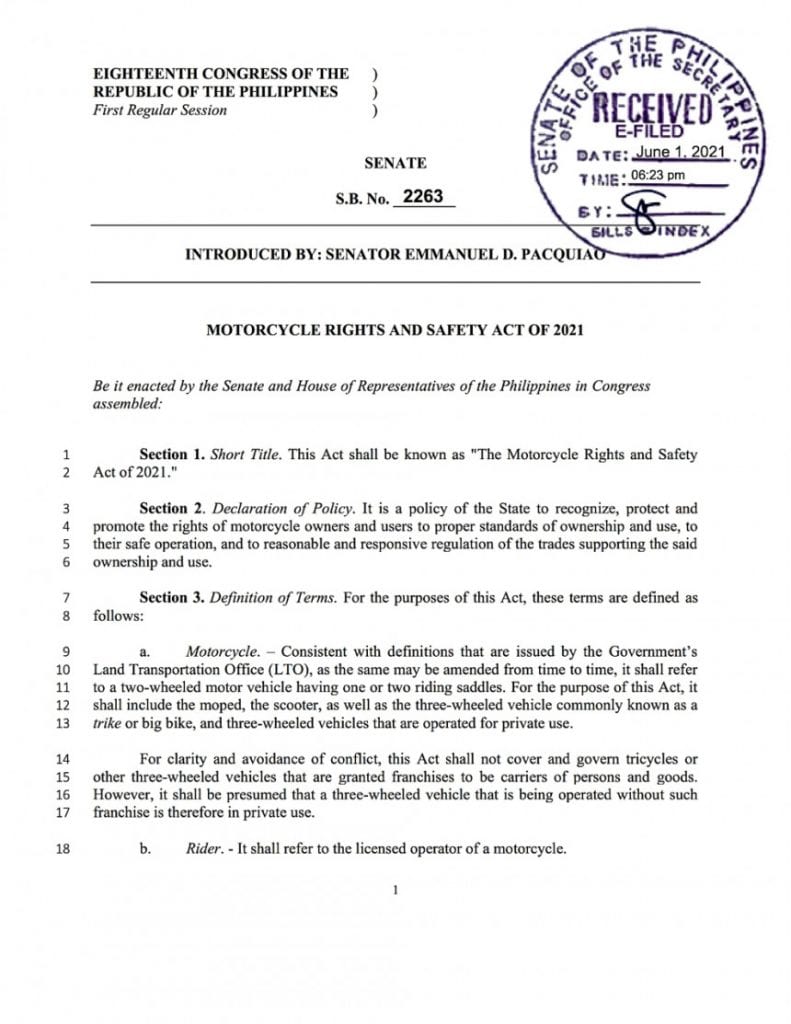 SB 2263, a new bill filed for the Philippines that protects motorists' rights