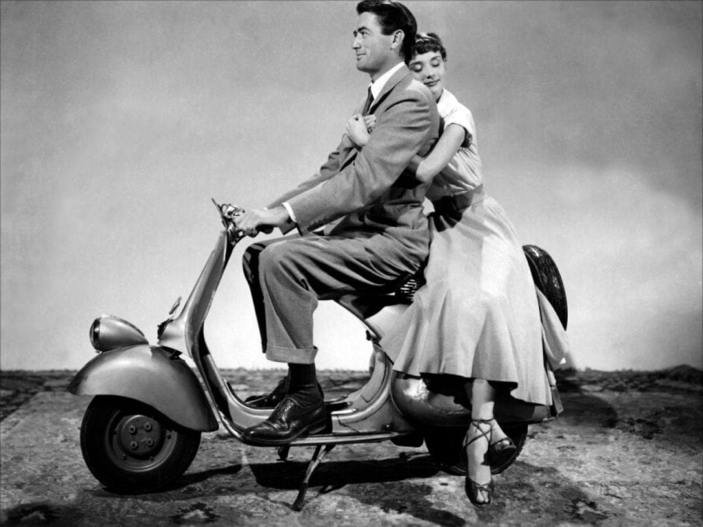 A picture of the two main characters in the motion picture "Roman Holiday"