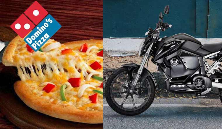 a bi-split image showing that the RV300 motorcycle from Revolt Motors will be sold to Dominos for delivery motorcycles