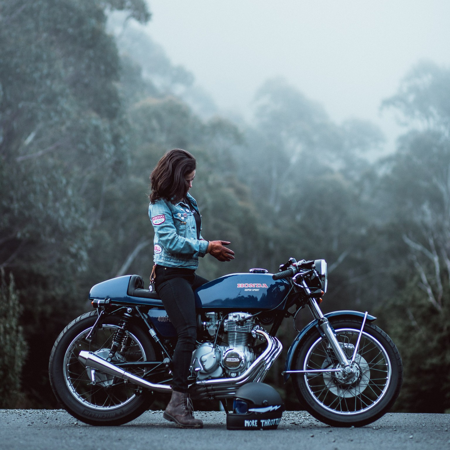 Woman on her 1976 Honda CB400F Motorcycle in Tasmania