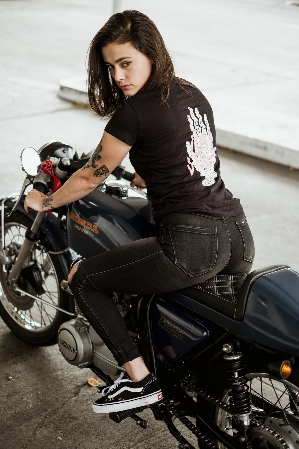 katie Abdilla on her 1976 Honda CB400F Motorcycle in Tasmania