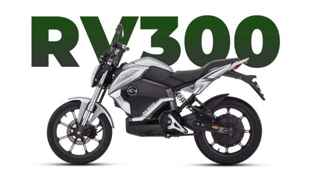 a side view of the electric motorcycle, the RV300, from Revolt Motors