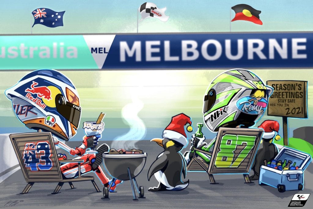 cartoon caricatures of Jack Miller and Remy Gardner waiting for the next MotoGP Race