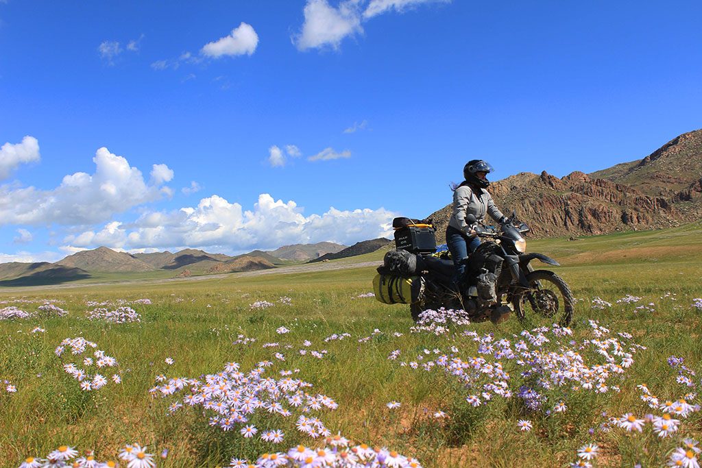 A female rider traveling on a grass field on a Mongolian motorcycle