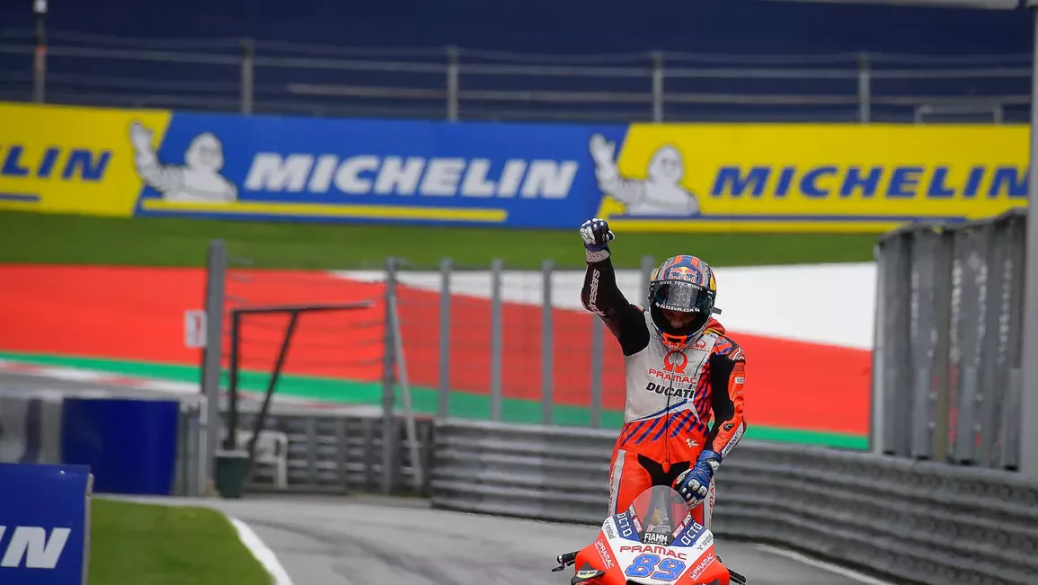 a front view of Jorge Martin after he wins a maiden (first) victory for Pramac Racing