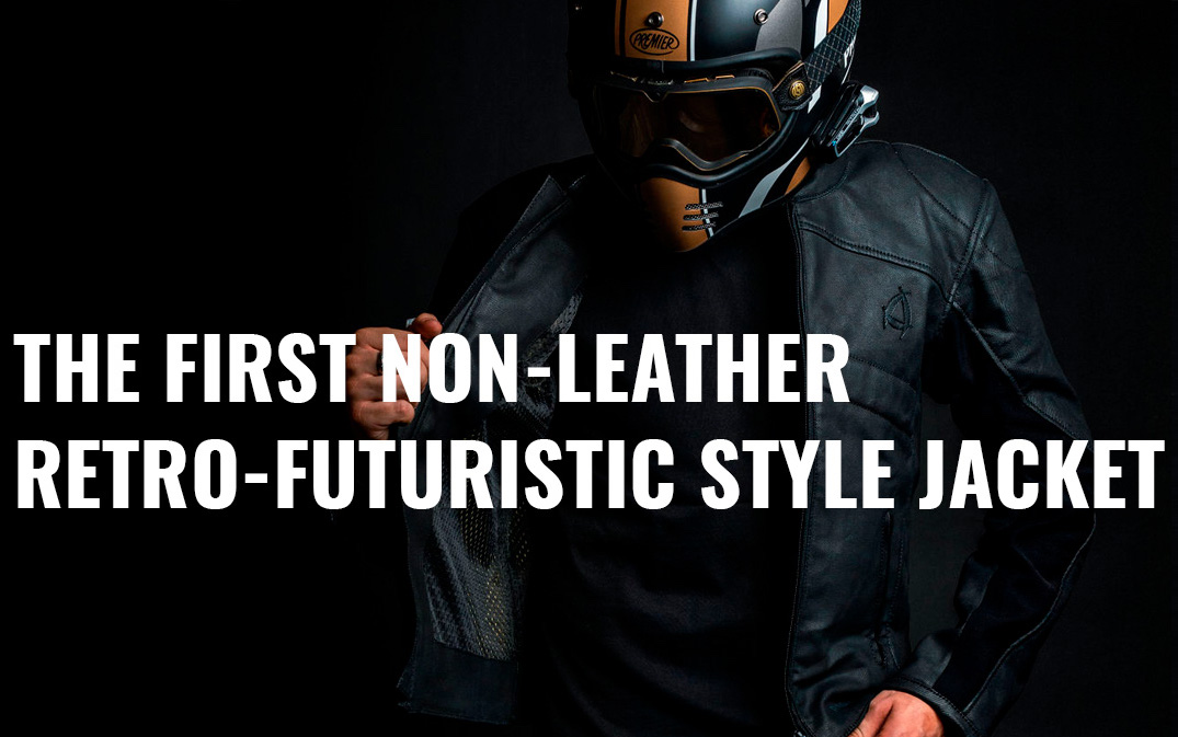 A view of the advertisement surrounding the new Neowise vegan leather motorcycle jacket from Andromeda Moto
