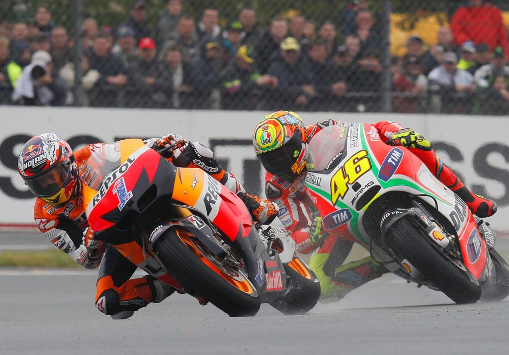 Valentino Rossi battling Stoner during his race at Le Mans in Misano, 2012. 