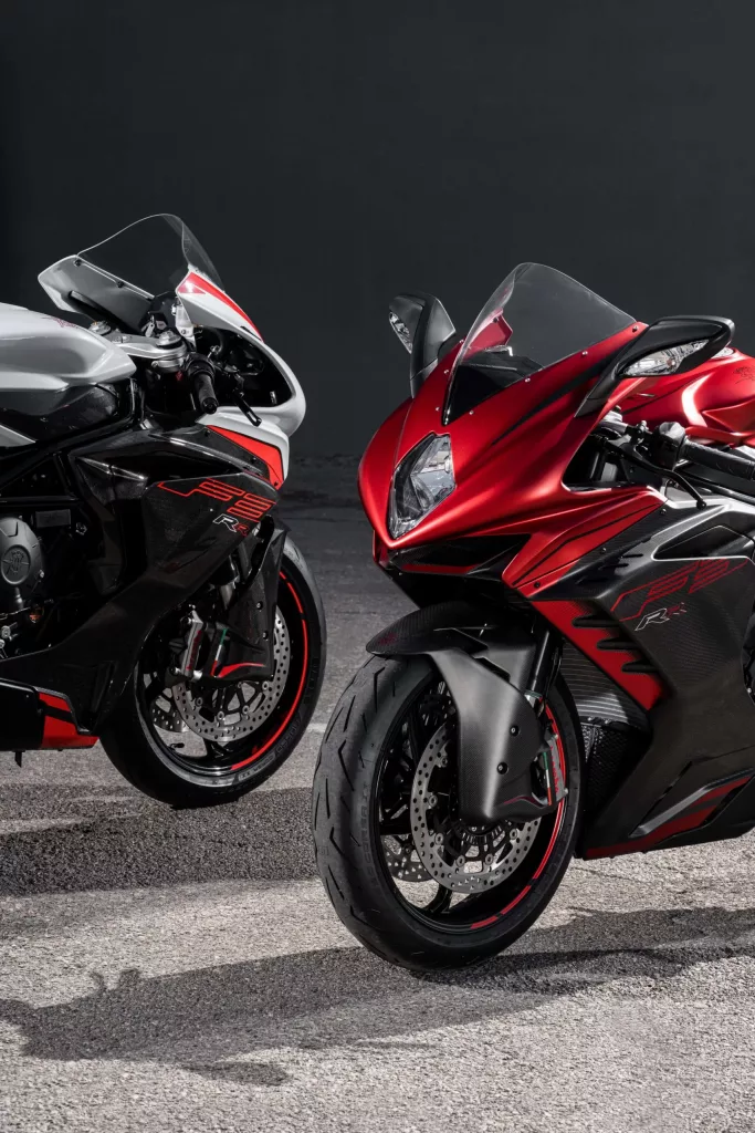 A view of the all-new 2022 MV Agusta F3 RR in both red and white color schemes