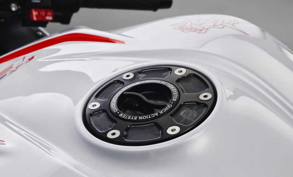 A view of the tank cap that comes with the racing kit available for the all-new 2022 MV Agusta F3 RR