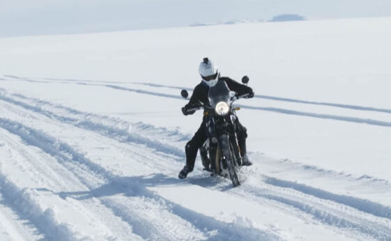 An image of a rider in Iceland, testing the Royal Enfield HImalayan that is set to ride to the South Pole