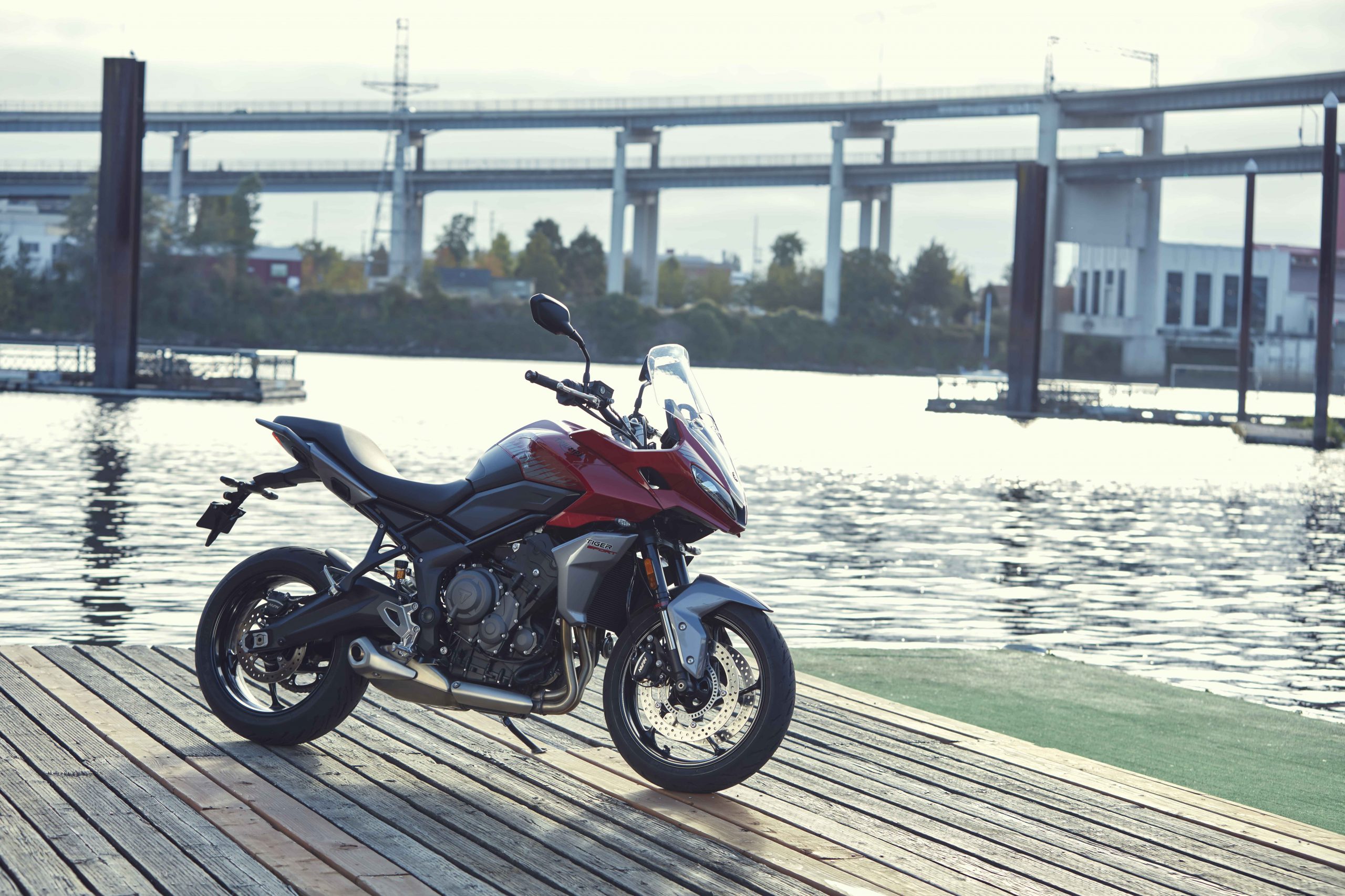 A static shot of the new Triumph Tiger Sport 660 by the docks