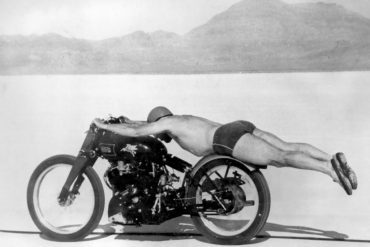Rollie Free breaking land speed record while laying on Vincent Black Shadow in only trunks and sneakers