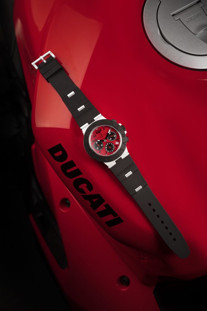 A view of the Ducati X Bulgari Special Edition Chronograph, currently available on the Bulgari website