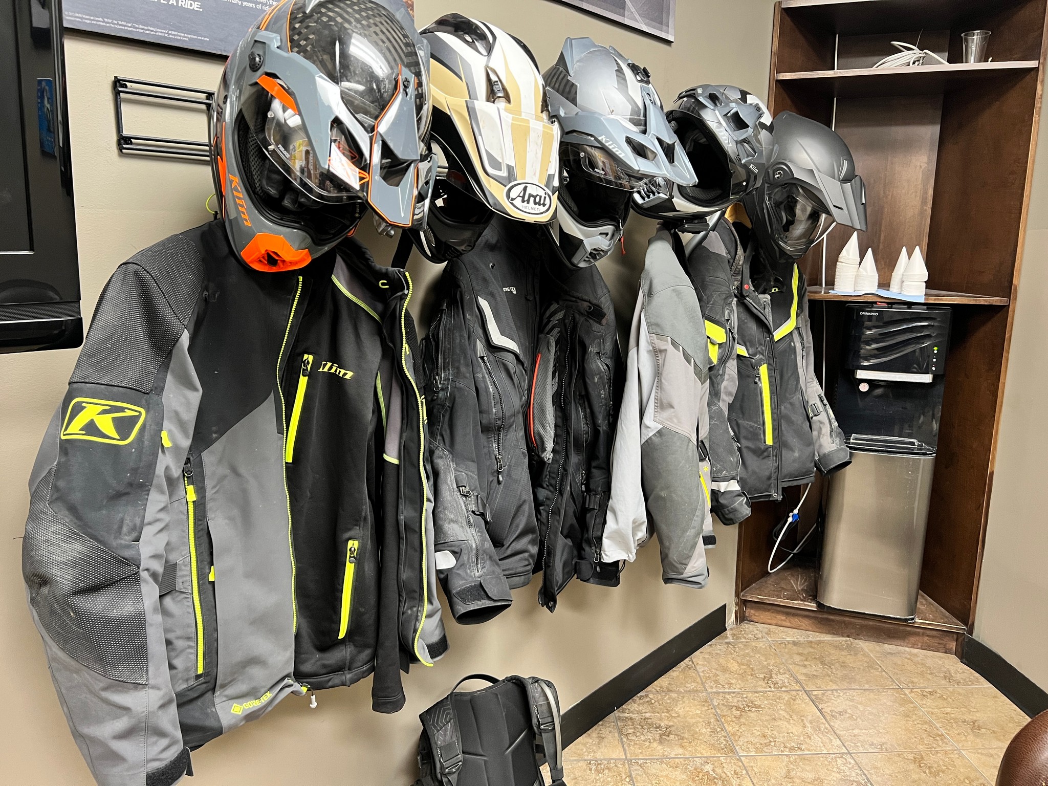 The lineup of jackets and helmets used on the long ride south to the Mexico border.