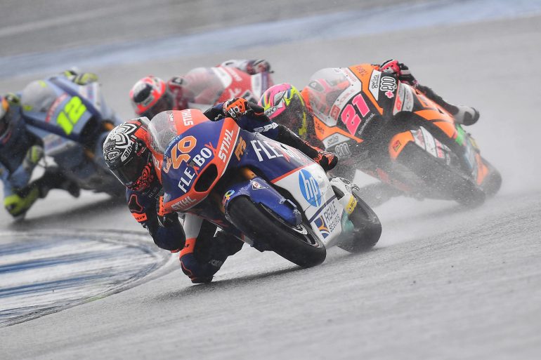 Moto2 offerings twisting through a rainfall on the circuit. Media sourced from Motorcycle Sports.